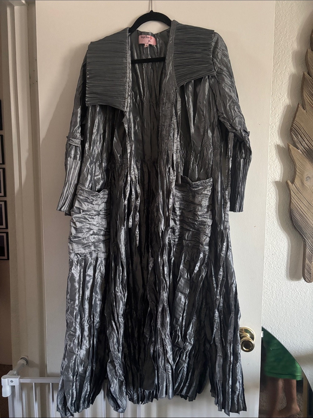 Silver Crinkled Long Trench Coat with Pleated Collar - Women's